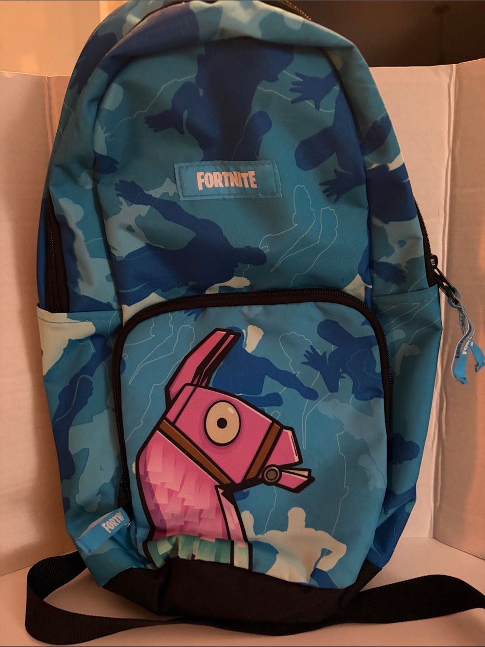 Fortnite Blue Camo Backpack with Pink horse Graphic
